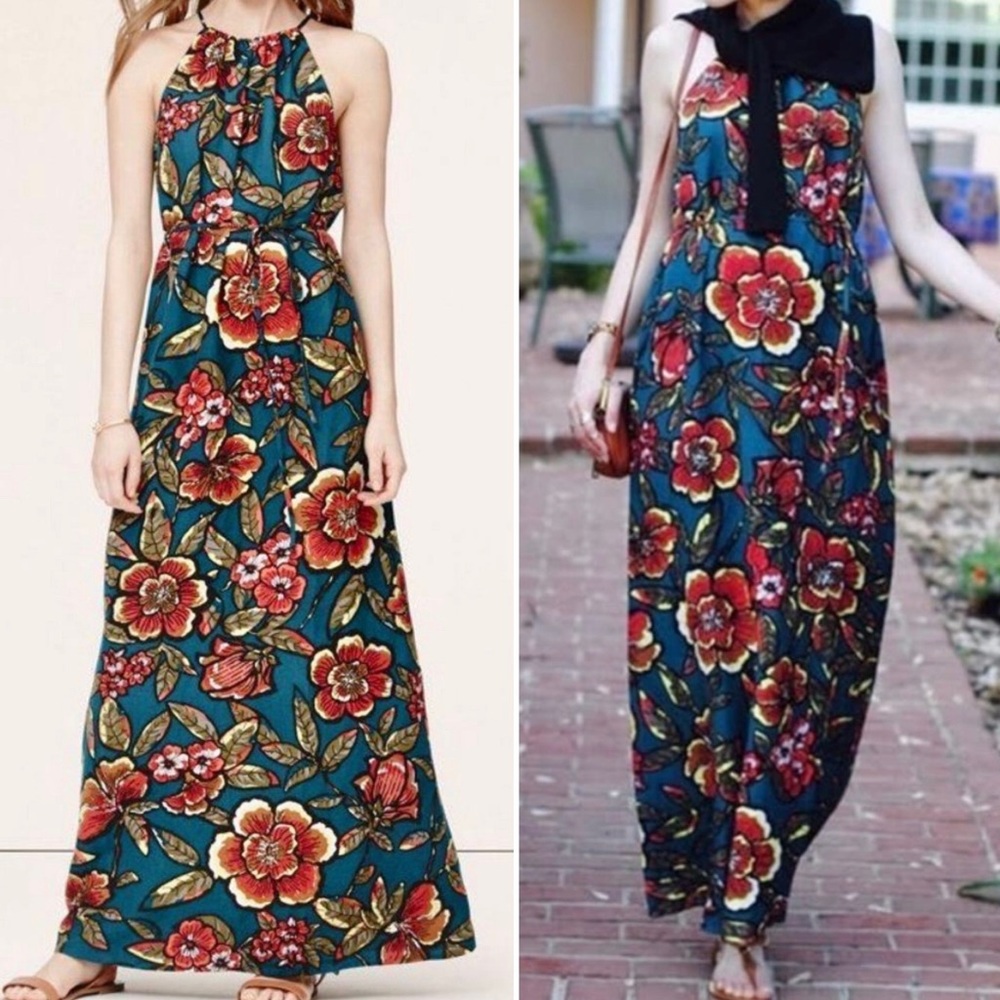 LOFT Paradise Tropical Halter Linen Blend Maxi Dress Size L
